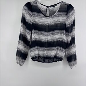 Sweet Rain‎ Black and White Striped Sheer Long Sleeve Blouse Top